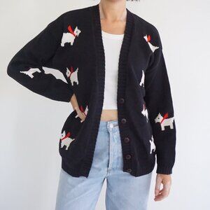 Vintage EP Pro Black Cotton Knit Scottie Dog Puppy Animal Print Cardigan S